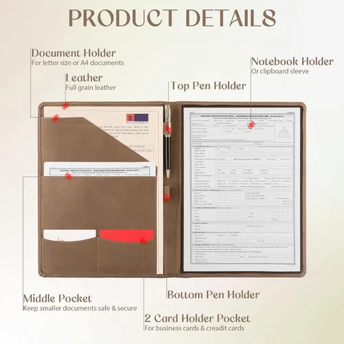 Vista 4 de Succor Portafolio de cuero genuino, carpeta profesional de negocios y organizador de carpeta de cuero con soporte para documentos para hombres