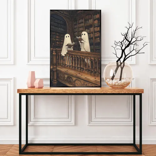 Vista 5 de Póster de dos lindos fantasmas en una biblioteca, arte de pared gótico espeluznante, decoración de Halloween, divertido estampado de fantasma
