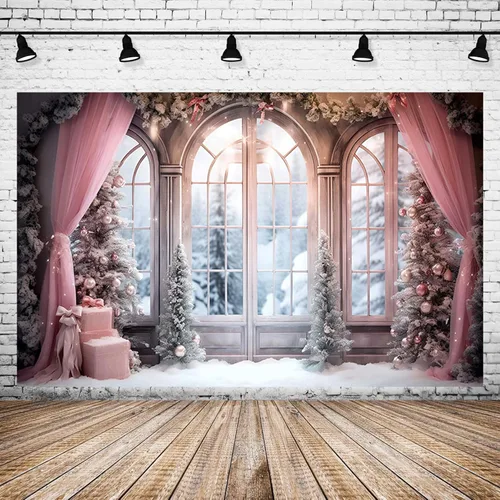 Vista 5 de Cortina rosa de invierno, fondo fotográfico de Navidad, invierno, nieve, bosque, ventana, fondo de fotografía, decoración de fiesta familiar, baby