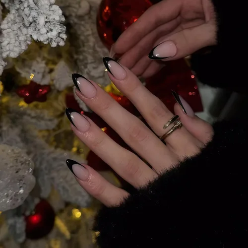 Vista 3 de Uñas postizas a presión con punta francesa negra, uñas cortas de almendra, uñas con pegamento para mujer, uñas acrílicas francesas de gel, uñas
