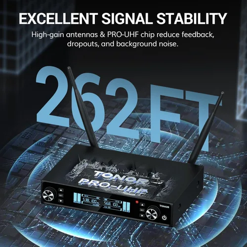 Vista 3 de TONOR Sistema de Micrófono Inalámbrico, Escaneo Automático y Emparejamiento UHF Micrófono de Karaoke Recargable, 2x100 Micrófono Inalámbrico