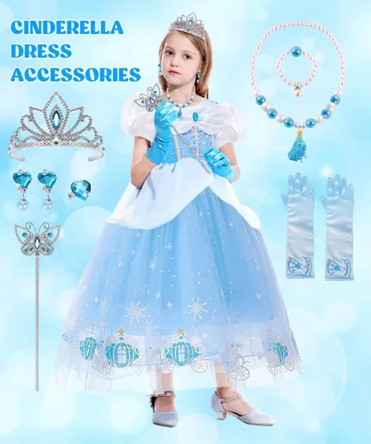 Vista 5 de TOLOYE Princess Costumes for Girls, Cinderella Dress Up Clothes with Accessories for Birthday Party Halloween Cosplay