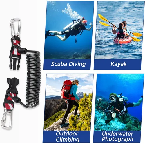 Vista 6 de Buceo Cordón retráctil, doble clips de acero inoxidable y núcleo en espiral anti-pérdida cordón con hebilla de liberación rápida