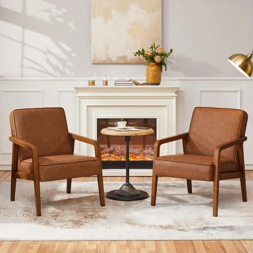 Vista 12 de Yaheetech Silla decorativa, silla de lectura de piel sintética, silla moderna de mediados de siglo con marco de madera maciza para sala de estar