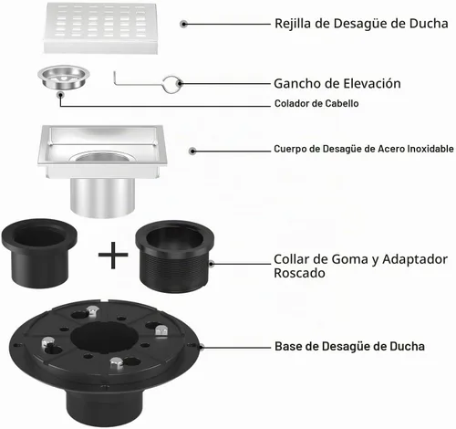 Vista 3 de EXF Drenaje cuadrado de ducha de 4-3/8 pulgadas de níquel cepillado, kit de drenaje para piso de ducha de acero inoxidable con brida ABS, rejilla