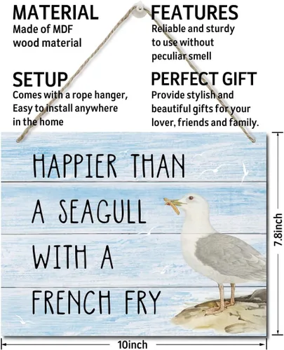 Vista 3 de Letrero Decorativo "Happier Than a Seagull with a French Fry", Placa de Pared Colgante Impresa, Letreros de Madera, Regalo de Decoración del Hogar