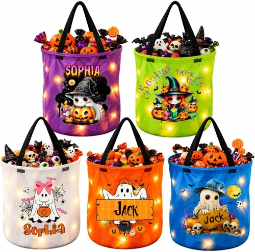 Vista 8 de IZI POD Bolsa LED personalizada de fantasma, bolsa de cubo de luz de Halloween con Nama, cesta de dulces personalizada para niños Diseño 3