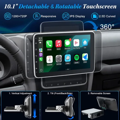 Vista 3 de [2G+64G] Radio de coche Bluetooth de 10.1 pulgadas con Bluetooth inalámbrico Apple Carplay Android Auto, pantalla táctil giratoria Receptores