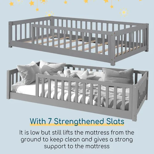 Vista 6 de Tatub Cama de suelo individual con barandillas de seguridad y puerta y listones, marco de cama Montessori de madera para niños y niñas, tamaño Gris