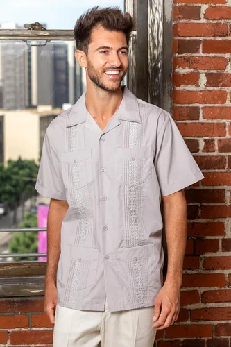 Vista 2 de Camisa mexicana cubana para hombre, cuatro bolsillos, manga corta, clásica, vacaciones, playa, boda, bordado, Pintuck, camisa relajada