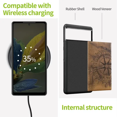Vista 5 de Carveit Funda de madera para Pixel 6a [madera natural y TPU suave negro] a prueba de golpes, funda de madera única y elegante compatible con Google