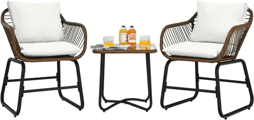 Vista 10 de COSTWAY Juego de 3 piezas de ratán para patio, silla acolchada, cubierta de mesa de cristal, turquesa