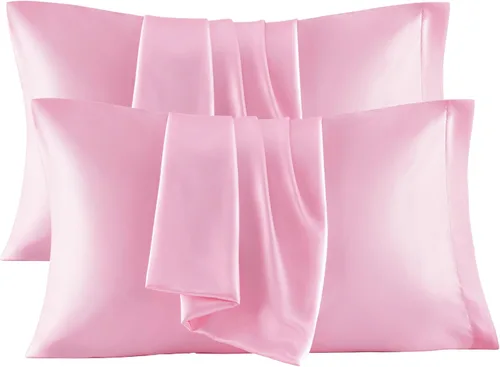 Vista 22 de Bedsure Paquete de 2 fundas de almohada de satén similares a las fundas de almohada de seda tamaño estándar, funda de almohada para mujeres que