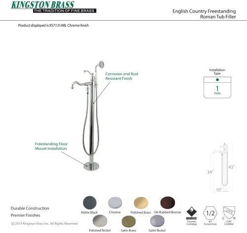 Vista 9 de Kingston Brass KS7137ABL - Llenador de bañera romano independiente con ducha de mano, latón cepillado Cobrizo cepillado