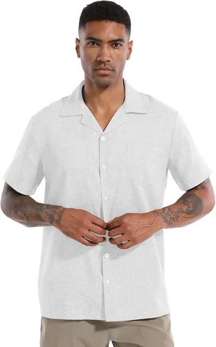 Vista 2 de NmglhNm Camisa casual de lino para hombre, manga corta, con botones, elegante, para verano, playa, tropical