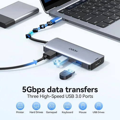 Vista 4 de Adaptador multipuerto USB-C para MacBook Air/Pro - Dongle HDMI 6 en 1 con puertos 4K, USB 3.0, lector de tarjetas SD/TF para MacBook M1/m2/m3/m4