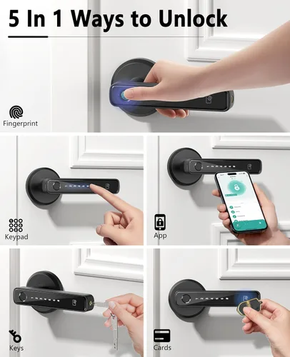 Vista 3 de Asidrama Cerradura de puerta inteligente con huella digital con mango de teclado, entrada sin llave a través de biométrico, aplicación, código