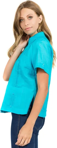 Vista 4 de Mojito Guayabera de manga corta 100% lino tradicional con cuatro bolsillos para mujer