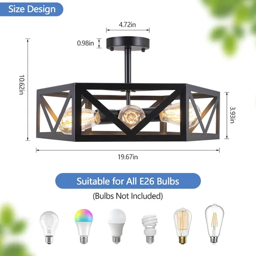 Vista 2 de Lámpara de techo industrial semiempotrada, moderna lámpara de techo negra, lámpara de techo de granja con jaula hexagonal de metal para cocina