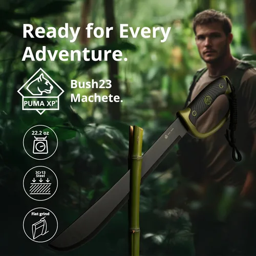Vista 2 de Puma XP Bush23 Machete Mango de Goma Comoldado Negro/Verde con Funda de Nylon Balístico