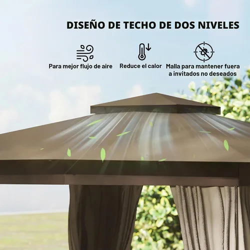 Vista 3 de Outsunny - Glorieta de patio al aire libre de 10 x 10 pies, refugio con toldo resistente de doble techo, cortinas, malla, marco de acero, protección