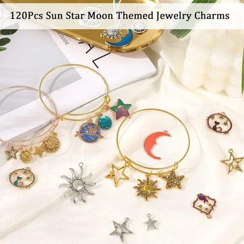 Vista 2 de SANNIX 120Pcs Mixed Sun Star Moon Charms Jewelry Making Gold Enamel