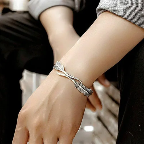 Vista 7 de Pulsera de plumas de plata Lucky Hope Cuff Jewelry Simple Retro para mujeres y hombres