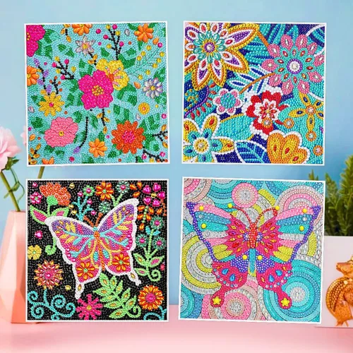 Vista 6 de ZUYUSUT Paquete de 4 bonitos kits de pintura de diamantes con flores de mariposa para niños y niñas de 3 a 12 años, manualidades, juegos de pintura