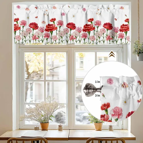 Vista 7 de Cenefa floral para ventanas, cortinas de clavel rojo y rosa, cenefas con bolsillo para barra, cenefa de ventana para primavera, vacaciones, día