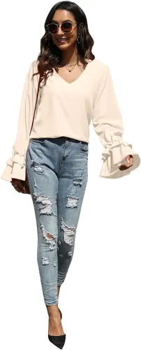 Vista 6 de LYANER Blusa casual de manga larga con cuello en V y volantes para mujer