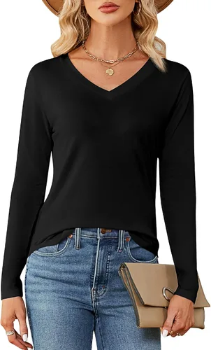 Vista 2 de Ficerd Paquete de 2 camisetas de manga larga para mujer, cuello en V, casuales, ajustadas, básicas, de color sólido, dobladillo curvado