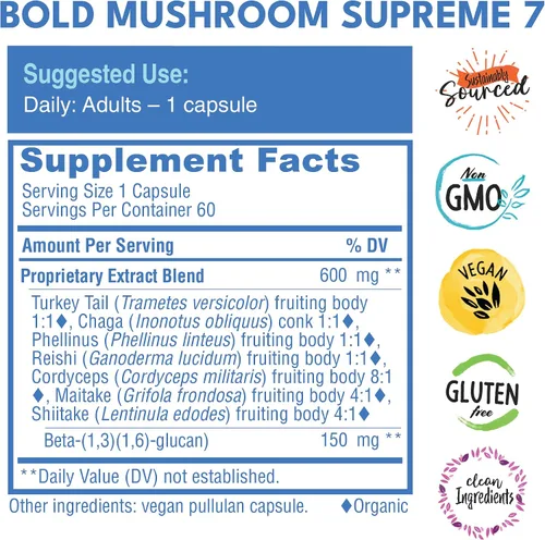 Vista 4 de Bold Botanica Mushroom Supreme 7 - Suplemento de hongos - Extractos orgánicos de cola de pavo, chaga, phellinus, reishi, cordyceps, maitake
