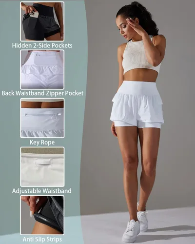 Vista 2 de Iserkafe Pantalones cortos deportivos para mujer, pantalones cortos para correr, gimnasio, yoga, cintura alta, cintura elástica, pantalones cortos