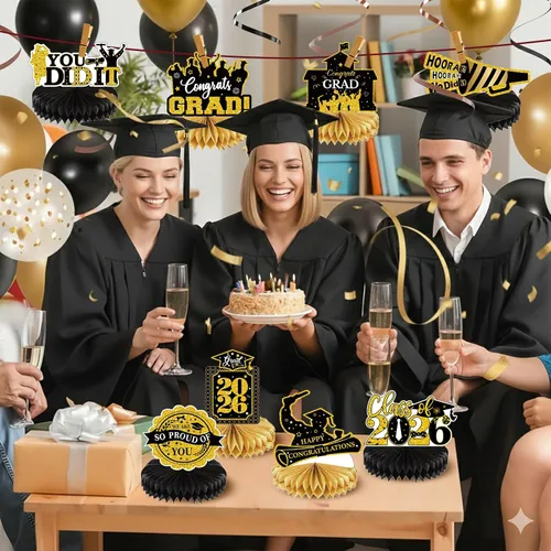 Vista 4 de Decoraciones de fiesta de graduación 2026 – 8 piezas de decoración de fiesta de graduación negro dorado clase de 2026, centros de mesa de panal