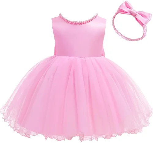 Vista 2 de 6M-6T Vestido de encaje sin espalda para bebé, vestido formal de princesa con gorro Rosa bebé