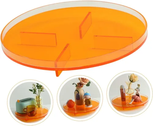Vista 9 de Bandeja de exhibición de joyas de acrílico naranja, 7" redonda, 4 compartimentos