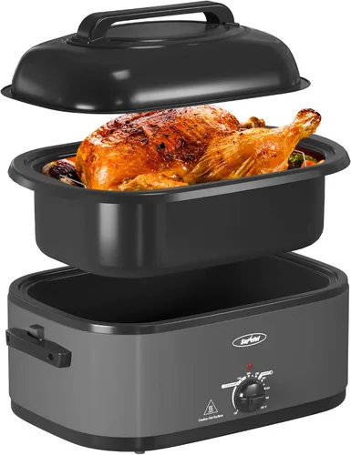 Vista 12 de Sunvivi Horno asador eléctrico con tapa visible, horno asador de pavo de 24 cuartos de galón con sartén y estante extraíbles, acero inoxidable
