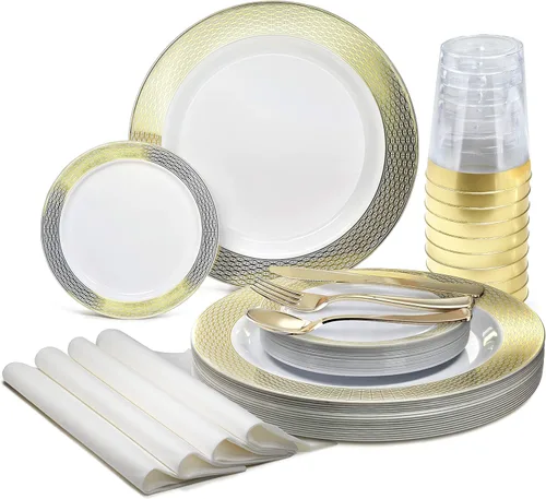 Vista 10 de Occasions" - Juego de 125 piezas (25 invitados) - Platos y cubiertos de plástico para boda, vajilla pesada desechable de 10.5 pulgadas, 6.25