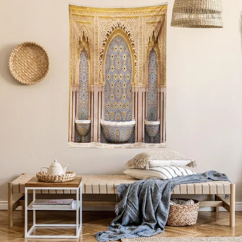 Vista 6 de Ambesonne Tapiz marroquí, típica fuente marroquí de azulejos en la ciudad de Rabat cerca de la torre Hassan, decoración de tela para colgar