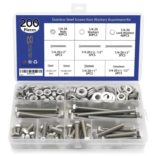 Vista 10 de 265 PCS Tuercas y Pernos 1/4"-20, 5/16"-18, 3/8"-16 Juego Surtido de Tuercas y Pernos Hexagonales de Acero al Carbono, Kit Surtido de Tornillos