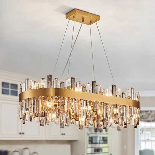 Vista 27 de Siljoy - Candelabro de cristal moderno, 12 luces, lujoso, redondo, de 2 niveles, con cristal K9 en forma de gota de lluvia, lámpara colgante de Oro