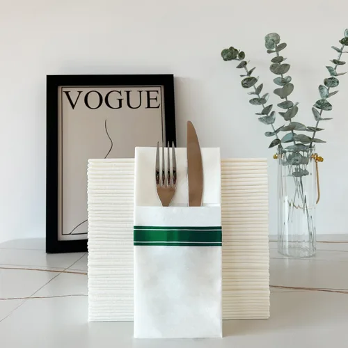 Vista 4 de KMAKII Servilletas desechables de papel con bolsillo integrado para cubiertos desechables para fiestas, bodas, eventos, tacto de lino, 16 x 16