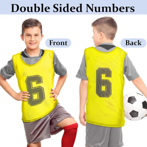 Vista 5 de Hercicy 24 piezas Pinnies para jóvenes, Pinnies de fútbol para entrenamiento, Chaleco para adultos, Malla reversible, Jersey de fútbol numerado