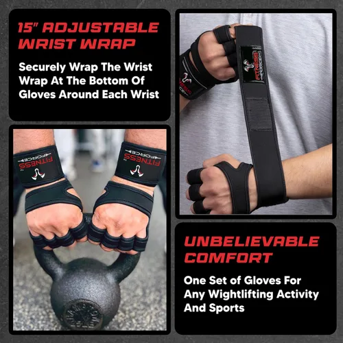 Vista 4 de FITNESS FORCE Ventilated Weight Lifting Workout Gloves for Men & Women Gym Gloves for Men & Women with Built-in Wrist Wraps for Men, Exercise
