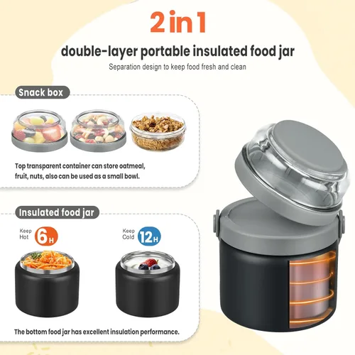 Vista 2 de Termo 2 en 1 para alimentos calientes con contenedor de bocadillos Tritan de 13.5 oz, tarro de alimentos aislado para almuerzo de niños, tarro