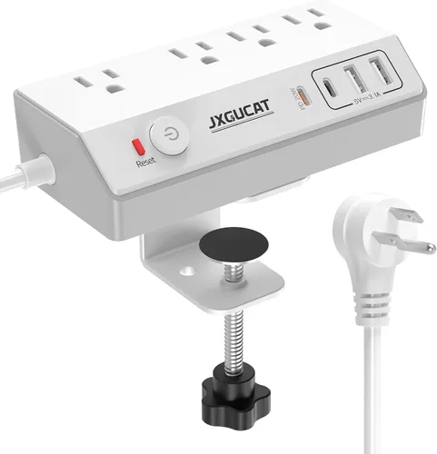 Vista 8 de JXGUCAT - Regleta de alimentación con abrazadera de escritorio de 10 pies con PD de 20 W de carga rápida USB C, protector de sobretensiones de Negro