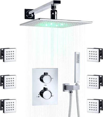 Vista 25 de Cabezal de ducha de lluvia de techo LED redondo de oro cepillado de 10 pulgadas, DULABRAHE termostático para baño, sistema de ducha de lluvia de Oro