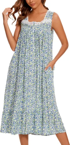 Vista 24 de AVIIER Camisones de algodón para mujer, sin mangas, vestido de casa largo con bolsillos, S-XXL Flor negra
