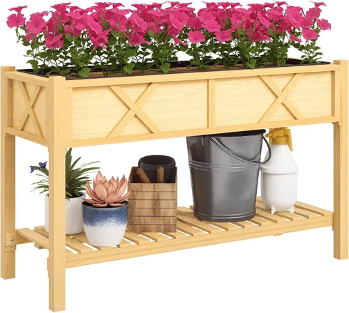 Vista 12 de Outsunny - Jardinera elevada de madera con estante de almacenamiento, orificios de drenaje y forro para el patio trasero, la terraza, el balcón, 47