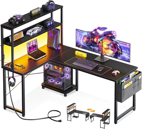 Vista 13 de ODK Escritorio en forma de L de 43 pulgadas con iluminación LED, escritorio reversible para juegos con tomas de corriente, mesa de computadora